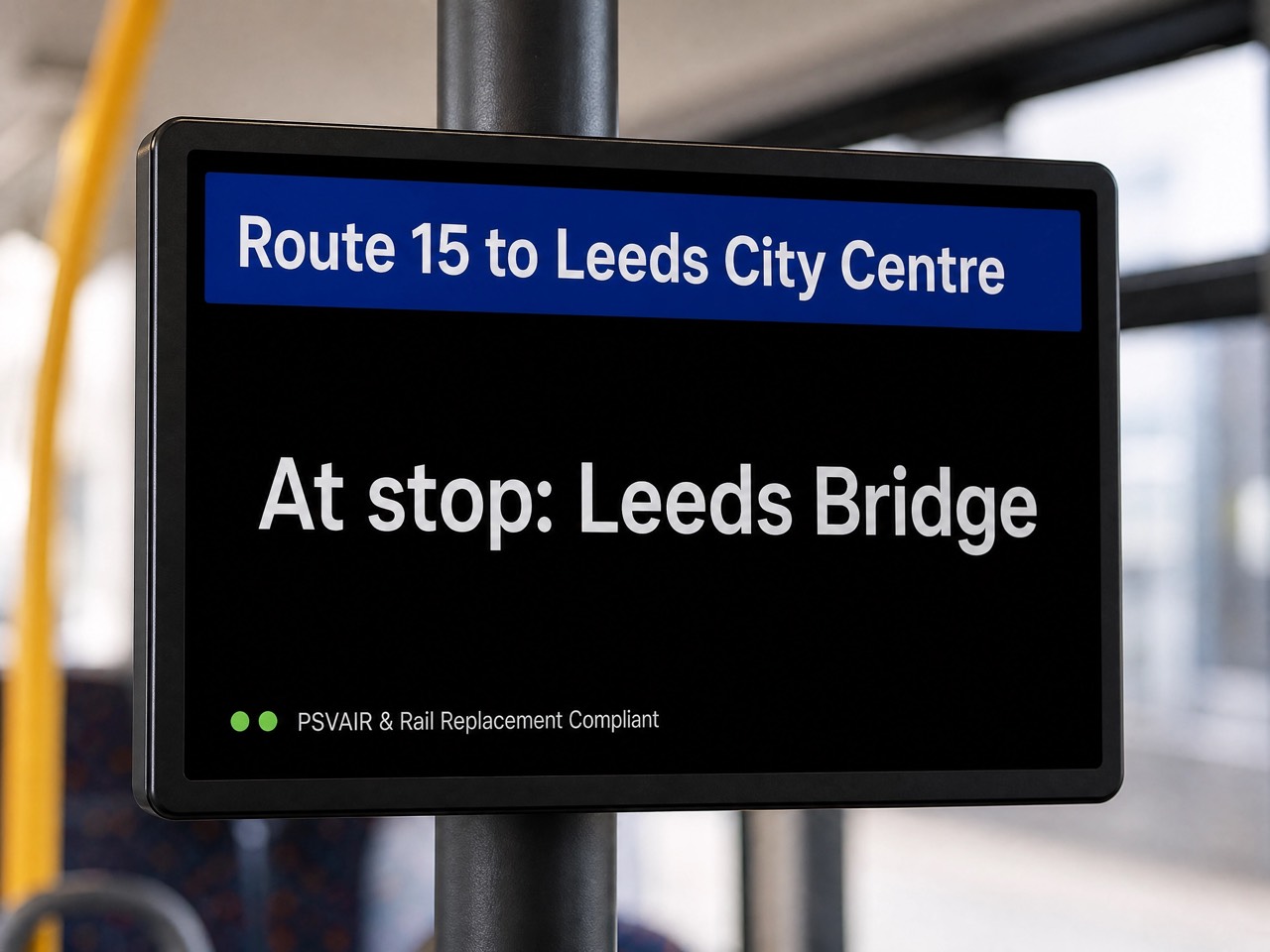 iFusion Stop Announcer on a rail replacement service showing &ldquo;Route 15 to Leeds City Centre — At stop: Leeds Bridge&rdquo;.