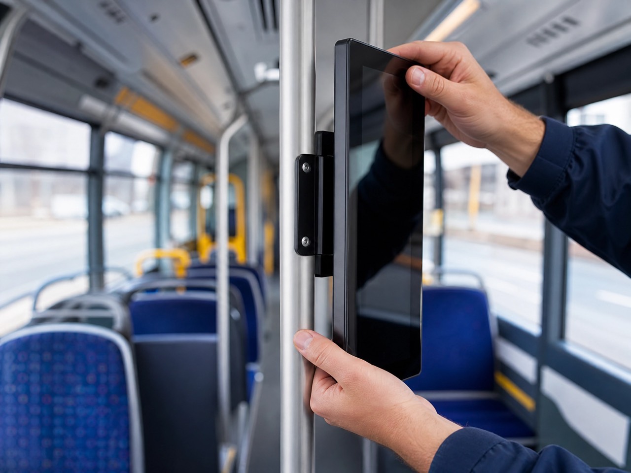 An engineer fitting an iFusion Stop Announcer to a stanchion pole inside a bus with a bracket mount.