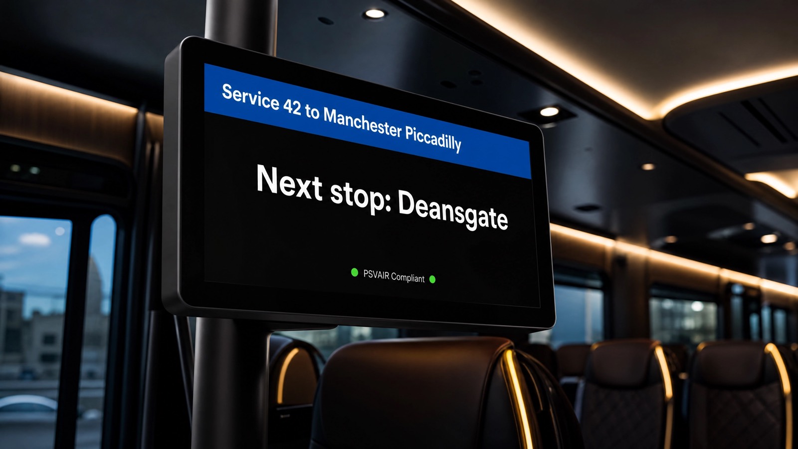 iFusion Stop Announcer mounted on a coach, its screen showing &ldquo;Service 42 to Manchester Piccadilly — Next stop: Deansgate&rdquo; with a PSVAIR-compliant indicator.
