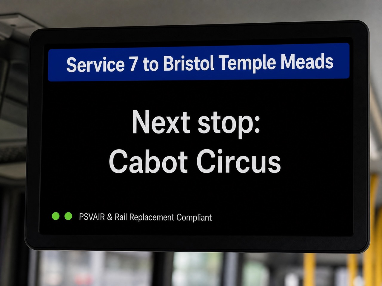 iFusion Stop Announcer on a local bus showing &ldquo;Service 7 to Bristol Temple Meads — Next stop: Cabot Circus&rdquo;.